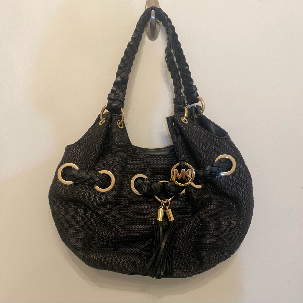 RARE Michael Kors Black & Gold Woven Shoulder Bag Purse